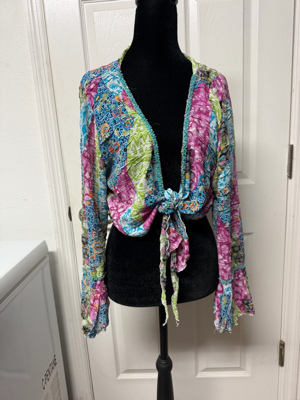 Vintage Y2K Boho Tie Front Patchwork Top Fairy Festival Blouse S M L